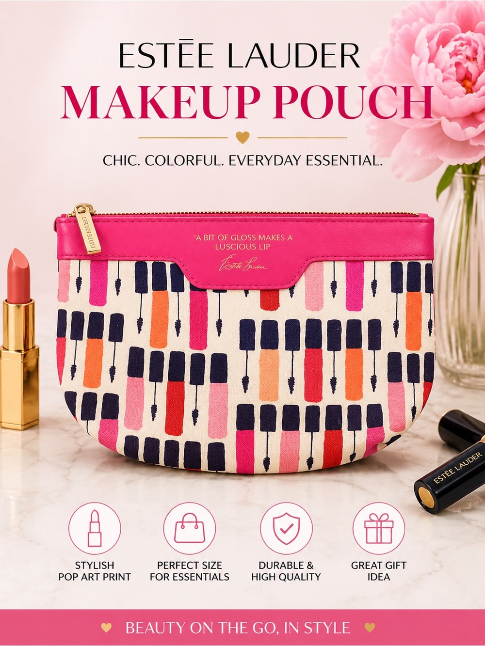Estée Lauder Lipstick & Mascara Print Makeup Bag Pink Cosmetic Pouch